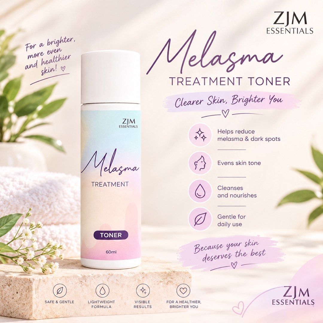 ZJM Essentials Melasma Treatment Toner 60ml (Category: Face Care) located in Paranaque City. Submitted by our_daily_essentialz (Listing ID 1467733674, Image 1). Description: - Brand/Product: ZJM Essentials Melasma Treatment Toner - Size: 60ml bottle - Benefits: Reduces melasma, fades dark spots, and evens out skin tone - Formula: Lightweight, gentle, and safe for daily use - Action: Cleanses and nourishes the skin for visible results.