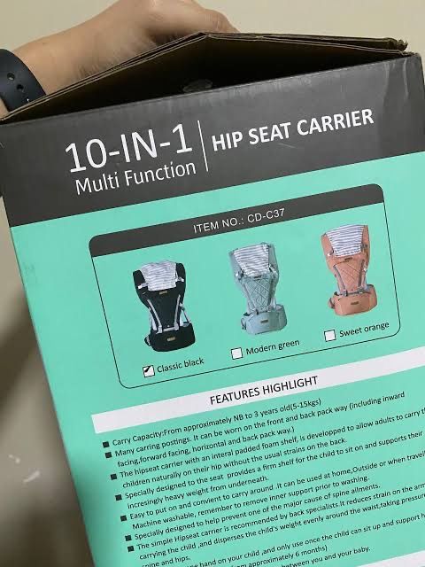 10-in-1 Multi Function Hip Seat Carrier APRUVA (Category: Carriers & Slings) located in Quezon City. Submitted by irisfgm (Listing ID 1468040855, Image 1). Description: - Model: CD-C37 Multi-function baby carrier - Age & Weight Capacity: Newborns up to 3 years old (5 to 15 kg) - Carrying Positions: Front, back, and horizontal ways - Ergonomic Support: Built-in padded foam shelf supports child naturally and reduces back/hip strain - Easy Maintenan