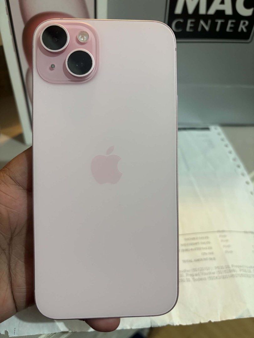 15 PLUS 128 GB (Category: iPhone 15 Series) located in Manila. Submitted by margaux22_ (Listing ID 1467998213, Image 3). Description: 15 PLUS PINK 128 GB — 128 GB also comes with box, receipt and paper bag —79 % battery health never been replaced — true tone check! never been opened nor repaired — first user and free anker chord and tempered glass — Store bought from powermac with receipt — Never been repaired true tone and face id working! 30K b