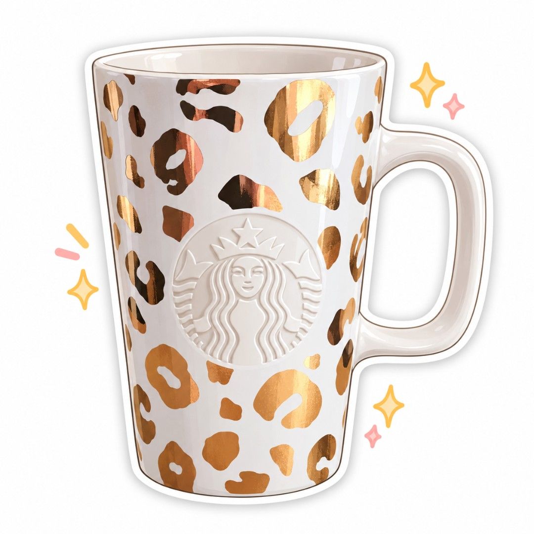 2015 Starbucks White Gold Leopard Print Mug 12oz (Category: Coffee & Tea Tableware) located in Muntinlupa City. Submitted by shoptitak (Listing ID 1464381613, Image 1). Description: - White Starbucks mug - Features a chic gold leopard print - Capacity: 12 fl oz (355 ml) - Care Instructions: Hand wash only, do not microwave - Ideal for your daily coffee or tea ritual.