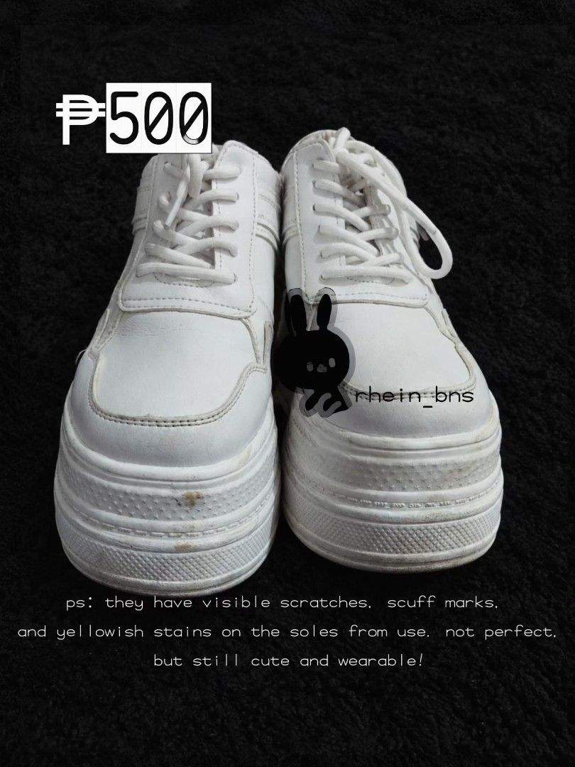 3-INCH CHUNKY SHOES! (Category: Sneakers) located in Balanga. Submitted by rhein_bns (Listing ID 1467995913, Image 3). Description: my fave chunky shoes up for grabs! ૮ ˶ᵔ ᵕ ᵔ˶ ა letting go of these white chunky platform shoes. still in good condition, but please manage your expectations as they are preloved. they have visible scratches, scuff marks, and yellowish stains on the soles from use. not perfect, but still cute and wearable! selling the