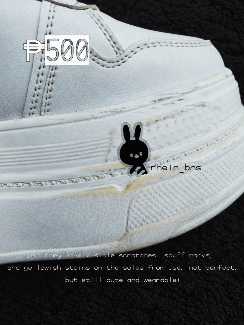 3-INCH CHUNKY SHOES! (Category: Sneakers) located in Balanga. Submitted by rhein_bns (Listing ID 1467995913, Image 2). Description: my fave chunky shoes up for grabs! ૮ ˶ᵔ ᵕ ᵔ˶ ა letting go of these white chunky platform shoes. still in good condition, but please manage your expectations as they are preloved. they have visible scratches, scuff marks, and yellowish stains on the soles from use. not perfect, but still cute and wearable! selling the