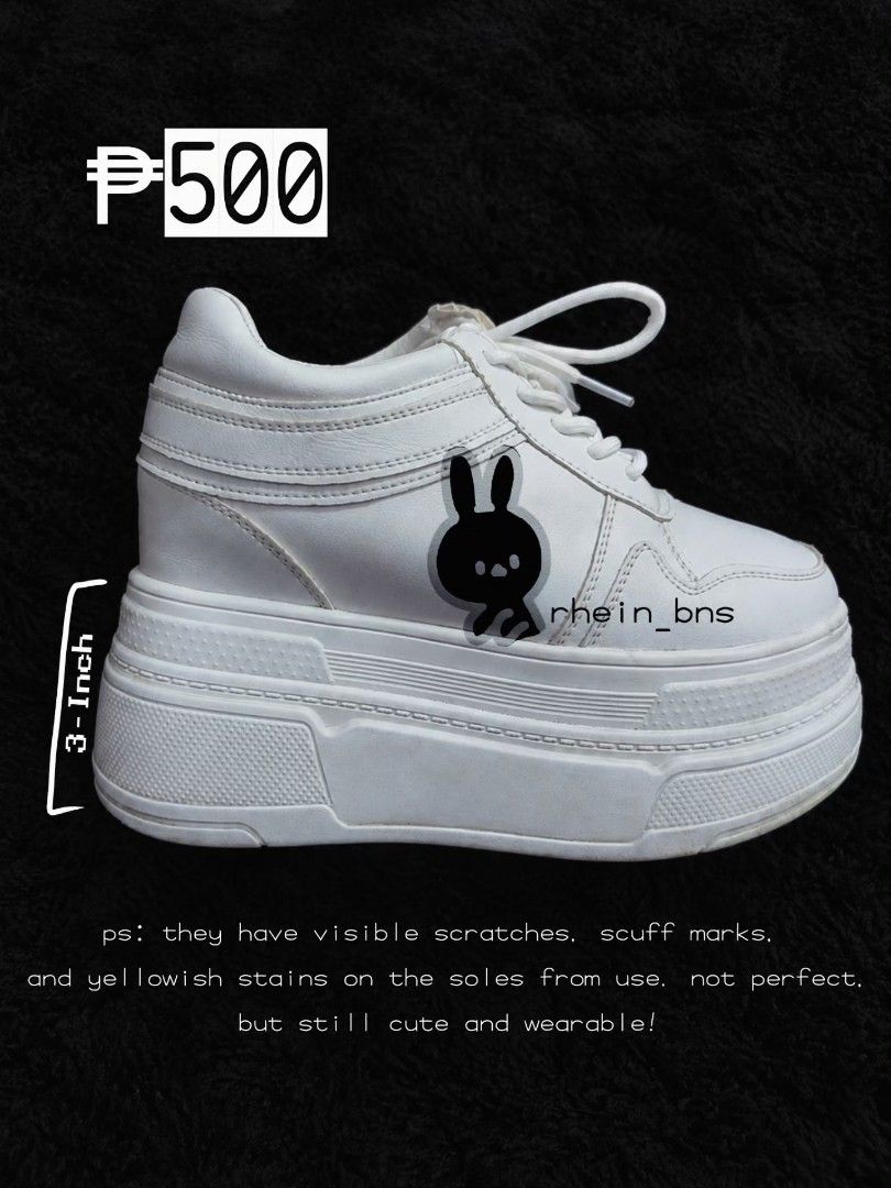 3-INCH CHUNKY SHOES! (Category: Sneakers) located in Balanga. Submitted by rhein_bns (Listing ID 1467995913, Image 1). Description: my fave chunky shoes up for grabs! ૮ ˶ᵔ ᵕ ᵔ˶ ა letting go of these white chunky platform shoes. still in good condition, but please manage your expectations as they are preloved. they have visible scratches, scuff marks, and yellowish stains on the soles from use. not perfect, but still cute and wearable! selling the