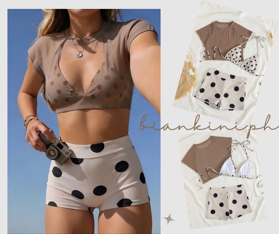 3-Piece Polka Dot Bikini and Short Set (Category: Bikinis & Swimsuits) located in Las Pinas. Submitted by kathybianca (Listing ID 1467882861, Image 1). Description: - 3-piece mix-and-match swim set in stylish brown and cream tones - Includes a short-sleeve mesh crop top, halter triangle bikini top, and high-waisted polka dot board shorts - Made with soft, stretchy fabric for all-day comfort while swimming or lounging - Versatile pieces for creati