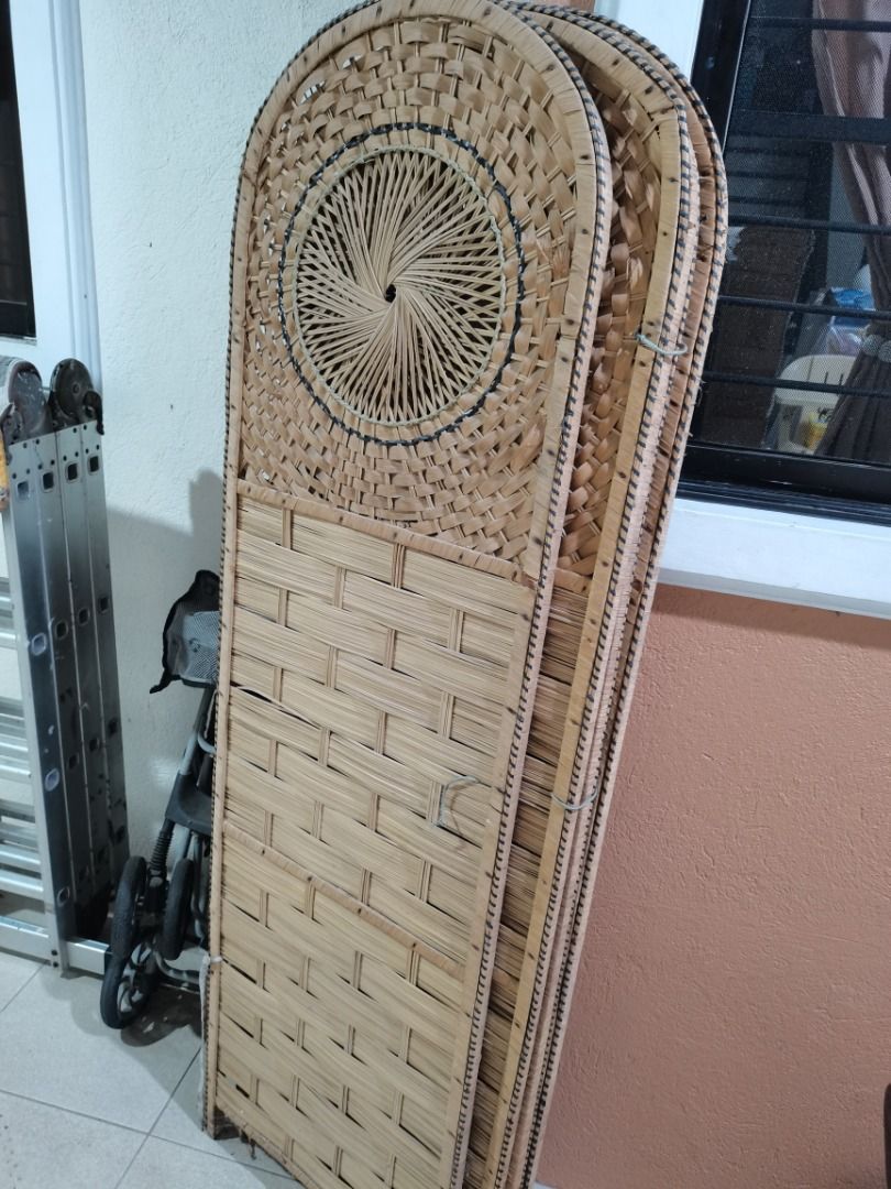 4 panel Rattan Divider Foldable Screen Partition (Category: Other Home Furniture) located in Makati City. Submitted by tentanten (Listing ID 1467944787, Image 2). Description: 2500 php negotiable - Material: Woven rattan and bamboo strips - Design: Arched tops with intricate circular sunburst patterns - Function: Great for dividing spaces or creating a changing area - Features: Lightweight and standard height - Storage: Folds flat easily against 