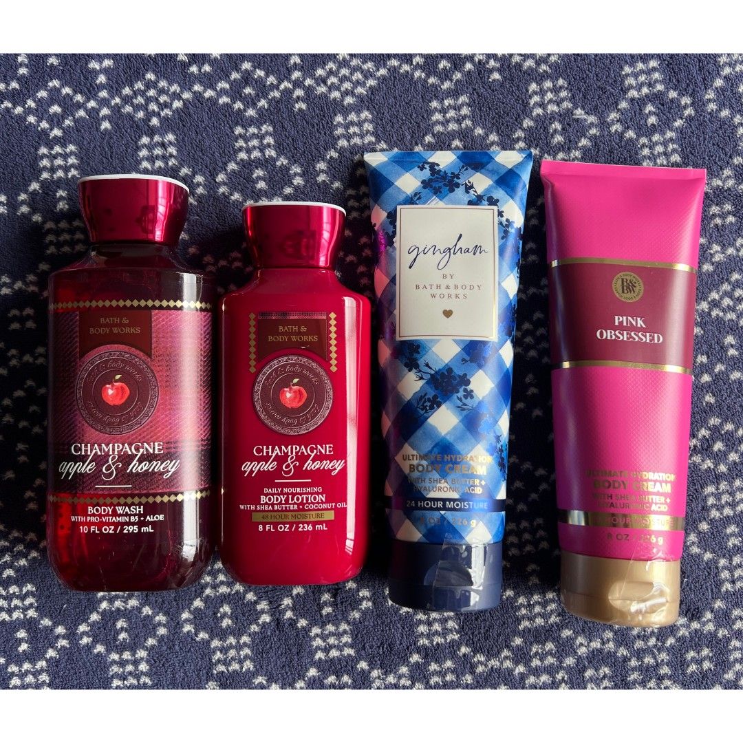 4 PCs Bath and Body Works BBW (Category: Body Care) located in Quezon City. Submitted by rosepam (Listing ID 1467956375, Image 1). Description: 4 PCs Bath and Body Works BBW BBW champagne apple & honey body wash 295ml BBW champagne apple & honey daily nourishing body lotion 236ml BBW pink obsessed ultimate hydration body cream 226g BBW gingham ultimate hydration body cream 226g FIX PRICE From the U.S *Unused; some might have just been opened to s