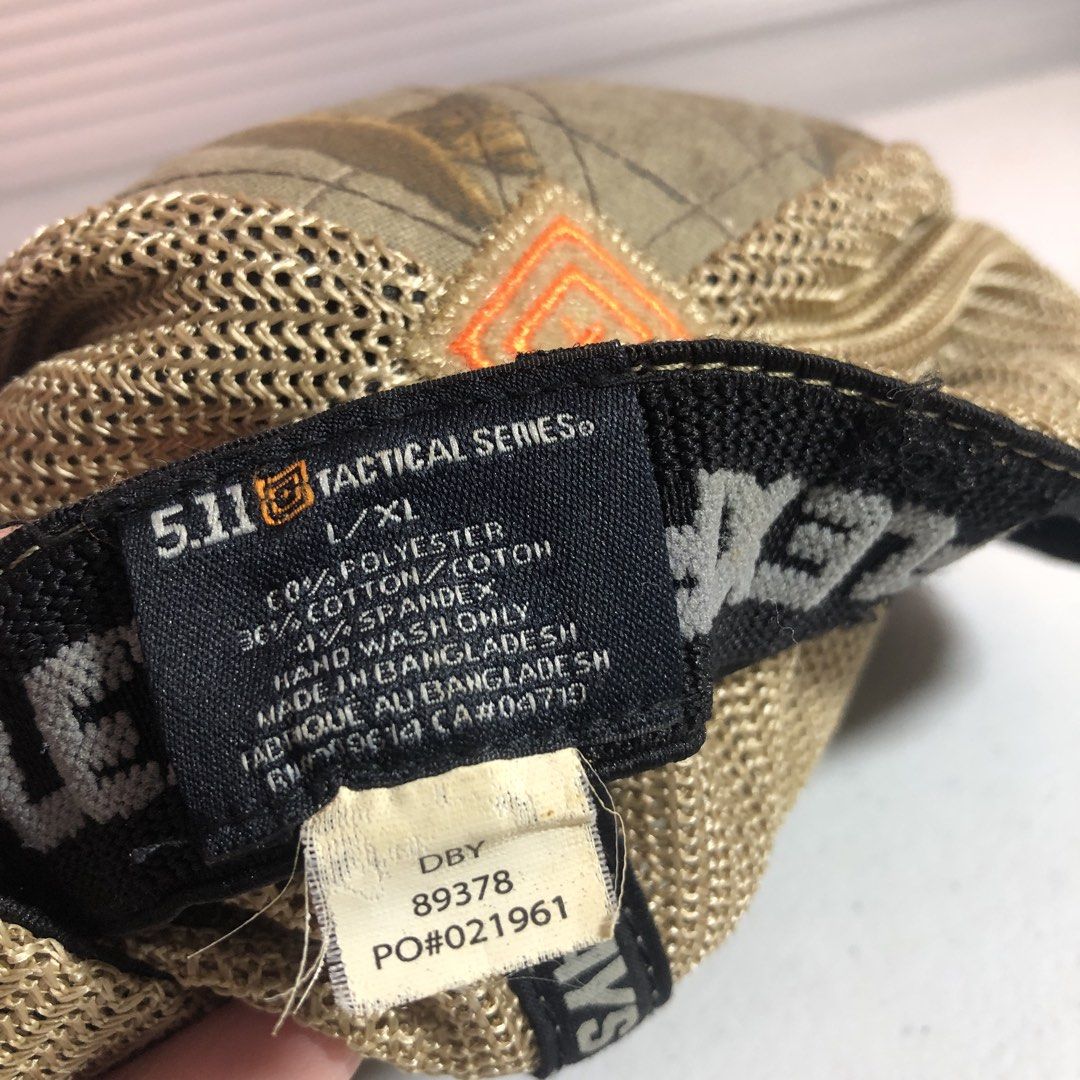 5.11 Tactical Flexfit Realtree Mesh Back Cap (Category: Caps & Hats) located in Manila. Submitted by all.dressed.up (Listing ID 1467849858, Image 3). Description: Brand: 5.11 Tactical Series Design: Camo front panels/brim with tan mesh back and striking orange embroidered logo Size: L/XL (Flexfit internal stretch band for a secure fit) Material: Polyester, cotton, and spandex blend Care: Hand wash only Spandex feels a little loose but unnoticeabl