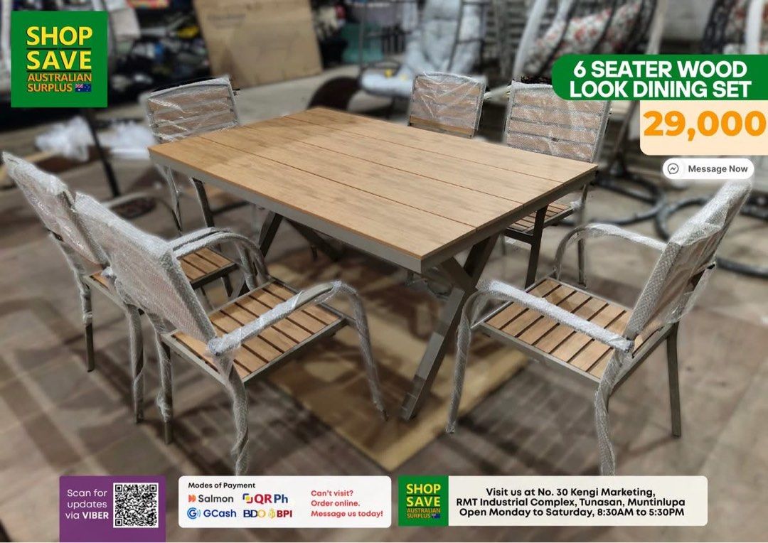 6 Seater Wood Look Dining Set (Category: Tables & Sets) located in Muntinlupa City. Submitted by aussie.surplustore (Listing ID 1467901114, Image 1). Description: Look for: JANINE -0948 098 5387 Surplus from Australia Location: Muntinlupa.