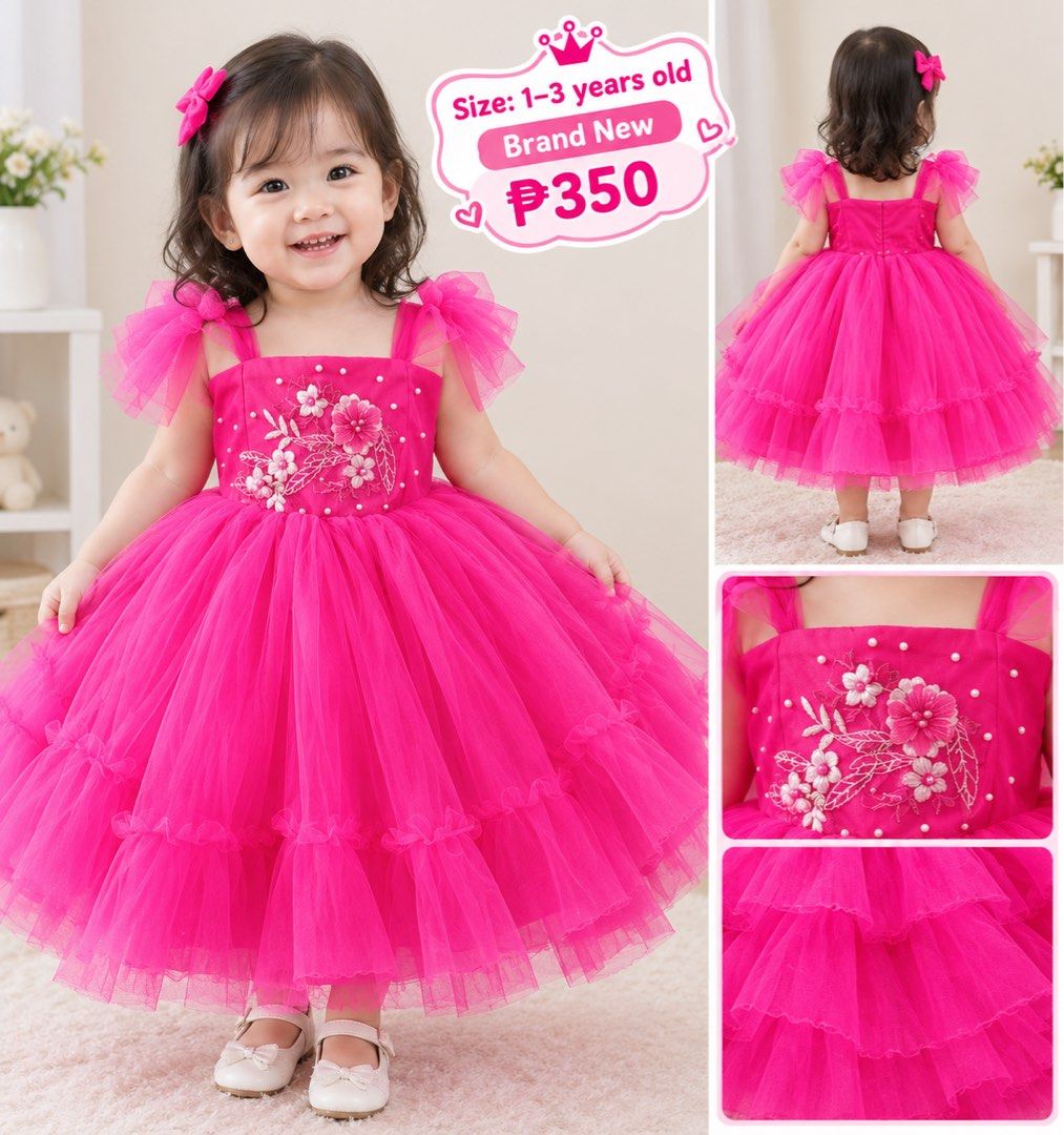 6pcs, bnew lahat. Take all (Category: Babies & Kids Fashion) located in Caloocan City. Submitted by aizabalan52674 (Listing ID 1467990096, Image 1). Description: - Bright pink party dress for toddlers aged 1 to 3 years old - Fluffy multi-layered tulle skirt for a big, puffy shape - Bodice decorated with cute embroidered flowers and pearl bead accents - Sweet straps with ruffled bow details - Convenient back zipper closure - Ideal for birthdays, p