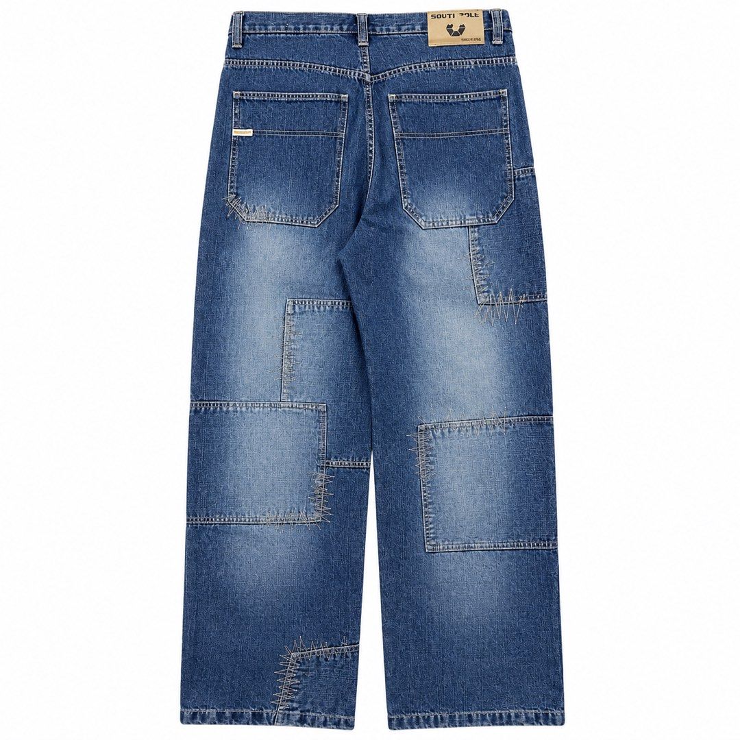 🔥 Authentic Vintage Southpole Baggy Patchwork Denim Jeans - (Category: Jeans) located in Tapaz. Submitted by espoting (Listing ID 1467979643, Image 2). Description: Letting go of this absolute grail—an authentic vintage Southpole Baggy Denim Jeans from the peak Y2K era. Features a heavy, multi-shade patchwork panel construction across the front and back with intentional zig-zag raw edge stitching. Detailed with a massive, high-density embroidere