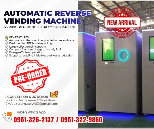 ♻️ AUTOMATIC REVERSE VENDING MACHINE RVM100 – PLASTIC BOTTLE RECYCLING MACHINE FOR SALE! (Category: Everything Else Others) located in Caloocan City. Submitted by kolletegar39429 (Listing ID 1467866322, Image 1). Description: 💰 Price: ₱610,560.00 Looking for a smart and efficient recycling solution for your business or establishment? ♻️ The RVM100 Automatic Reverse Vending Machine is designed to collect recyclable PET plastic bottles and cans, h