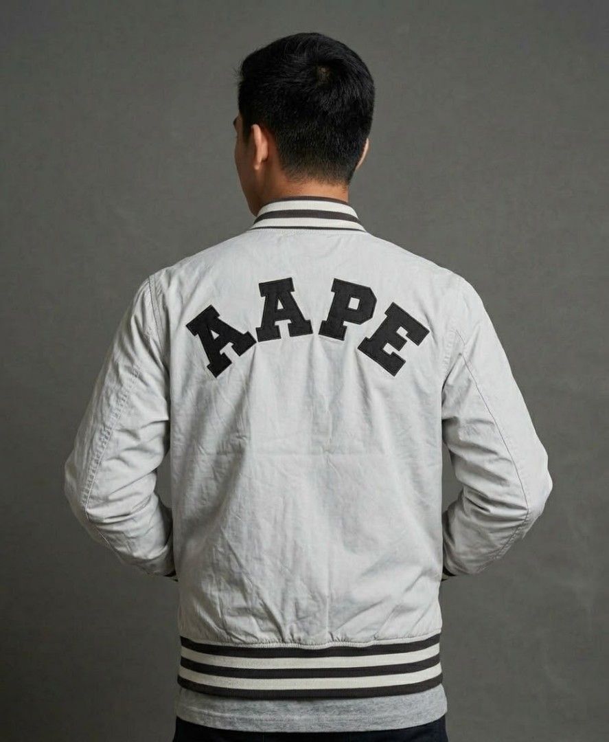 AAPÉ grey camo bomber ( reversible ) (Category: Coats, Jackets and Outerwear) located in Quezon City. Submitted by wgapparel (Listing ID 1468014474, Image 1). Description: 📌 available 20.5 x 23.5 W/L ( small on tag ) Well used condition Complete tags Orig 💯 Color rate 9.2 Check last pic ( crack prints other side ) Overall goods pa ito mga ssob. 😊 💰 Mine 1080 * Color may vary due to lighting * Always check posted pics for details * DM for any 