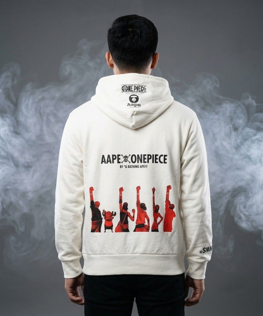 AAPE x One Piece pullover hoodie in white (Category: Coats, Jackets and Outerwear) located in Quezon City. Submitted by wgapparel (Listing ID 1468015497, Image 2). Description: 📌 available 19.5 x 24 W/L ( medium on tag ) Excellent condition Complete tags Orig 💯 Color rate 10/10 Minimal crack prints check last pic Ganda nito fur loob nito. 💰 Mine 1080 * Color may vary due to lighting * Always check posted pics for details * DM for any concerns 
