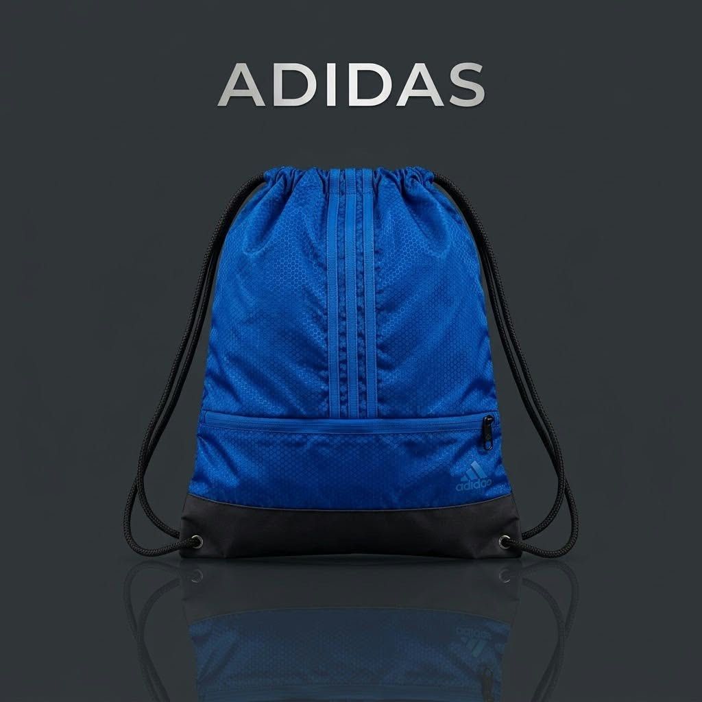 Adidas Blue Hexagon Drawstring Gym Bag (Category: Backpacks) located in Carmen. Submitted by rr_thrifts (Listing ID 1467931958, Image 1). Description: - Authentic Adidas drawstring bag in a vibrant bright blue with a geometric hexagon texture - Durable black bottom panel and matching black drawcords - Front zip pocket with branded puller for extra storage - Classic Adidas Performance logo printed near the bottom - Lightweight gym sack style made 
