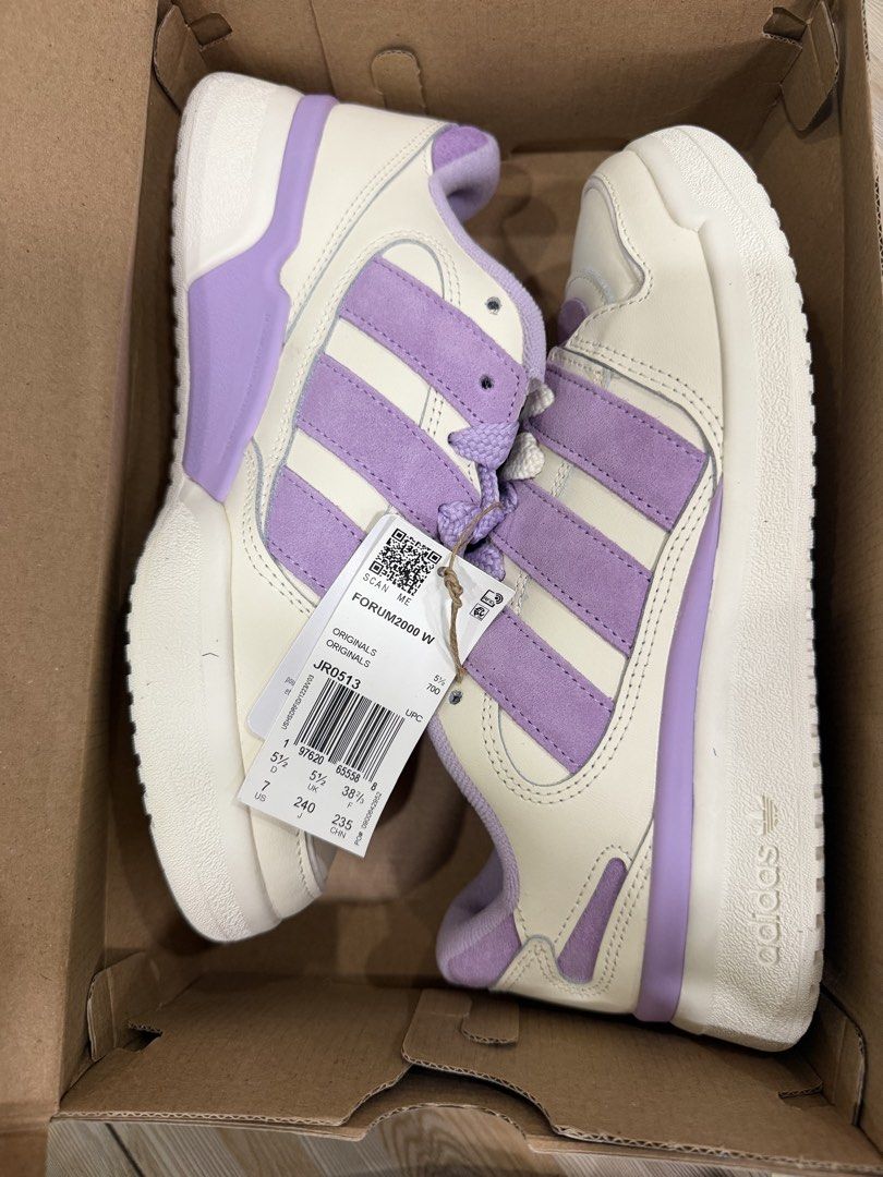 Adidas Forum 2000 W Off White Lilac (Category: Sneakers) located in Tabuk. Submitted by farawayluxe (Listing ID 1468042594, Image 2). Description: - Brand: Adidas Forum 2000 W - Colorway: Off-White and Lilac - Size: US 7 / UK 5.5 / EUR 38 2/3 - Condition: Brand new with original tag attached, stored in original box - Design: Chunky style featuring stylish suede stripes and thick laces - 100% authentic and ready to ship!.