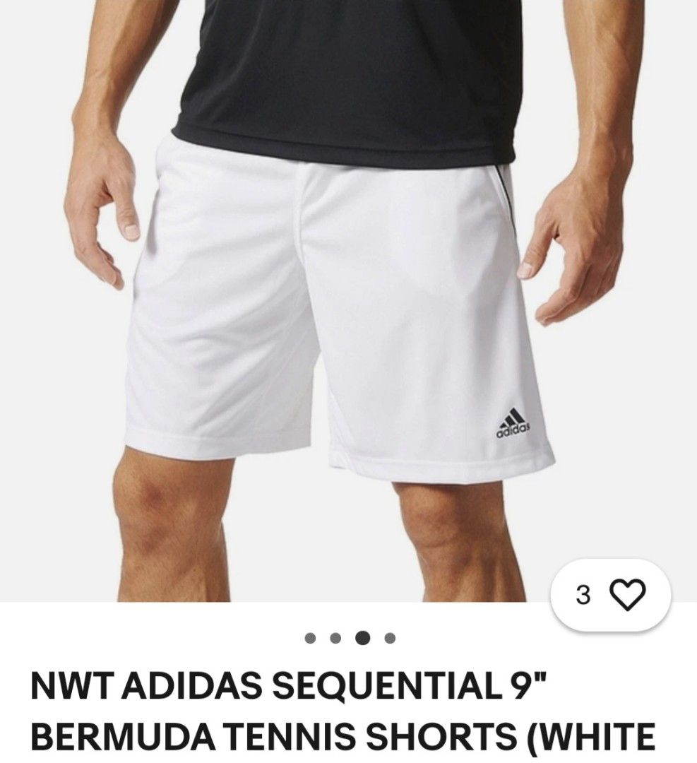Adidas Sequential 9" Bermuda Tennis Shorts White Large (Category: Shorts) located in Plaridel. Submitted by igieperez147282 (Listing ID 1467987325, Image 2). Description: - Brand: Adidas - Item: Bermuda Tennis Shorts - Color: White with black details - Size: Large (Waist: 34-36", Length: 17.5") - Waistband: Elastic with adjustable drawstring - Features: Lightweight fabric, front pockets with black piping, printed Adidas logo near hem - Condition:
