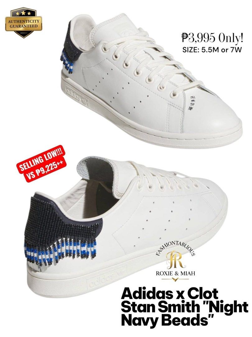 Adidas x CLOT Stan Smith “Night Navy Beads” (Category: Sneakers) located in Mandaluyong City. Submitted by luxprelovedbagsparadise (Listing ID 1467868711, Image 3). Description: 🤍 CLASSIC WITH A TWIST, BUT MAKE IT RARE! 💙✨ 👟 Adidas x CLOT Stan Smith “Night Navy Beads” — for the sissy who loves a classic sneaker with a standout detail! 😍 That beaded heel? 🔥 A whole different level of style! 💸 ₱3,995 ONLY! (Compared to ₱9,225++ 🤯) 📏 Size: 5