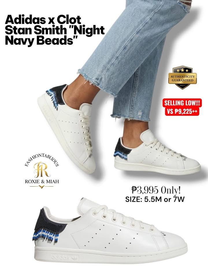 Adidas x CLOT Stan Smith “Night Navy Beads” (Category: Sneakers) located in Mandaluyong City. Submitted by luxprelovedbagsparadise (Listing ID 1467868711, Image 1). Description: 🤍 CLASSIC WITH A TWIST, BUT MAKE IT RARE! 💙✨ 👟 Adidas x CLOT Stan Smith “Night Navy Beads” — for the sissy who loves a classic sneaker with a standout detail! 😍 That beaded heel? 🔥 A whole different level of style! 💸 ₱3,995 ONLY! (Compared to ₱9,225++ 🤯) 📏 Size: 5