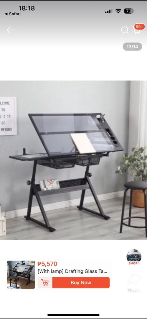 Adjustable Glass Top Drafting Table Art Desk (Category: Tables & Sets) located in Manila. Submitted by riley523 (Listing ID 1467937748, Image 2). Description: - Adjustable glass top for comfortable drawing and painting - Sturdy black metal frame construction - Two convenient wire mesh storage drawers underneath - Lower shelf for storing art supplies and books - Side attachment included for pens and small tools Ginamit as patongan lang😆 Naka asse