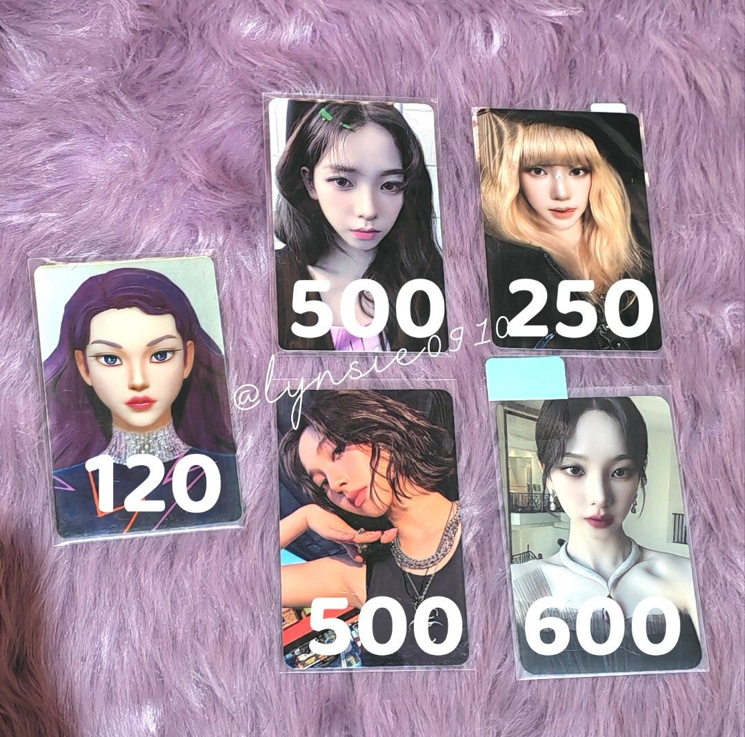 Aespa assorted photocards (Category: K-Wave Merchandise) located in Manila. Submitted by lynsie0910 (Listing ID 1467937577, Image 1). Description: 𓂃✮ 𝙒𝙏𝙎 𝙇𝙁𝘽 ⌜#lynsiesells⌟ lynsiecart00.carrd.co 🛒 : aespa karina assorted pc tingi ph ⤿ ₱rice in pics + sf ⤿ PAYO / 1 WEEK DOP 50% dp nrdp ⤿ onhand, mint condi ⤿ mod, j&t ⤿ x sensi & impatient.