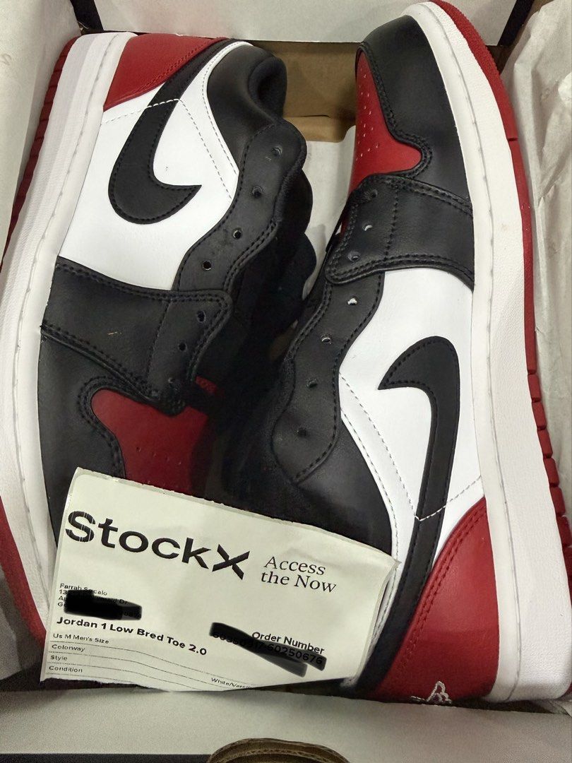 Air Jordan 1 Low Bred Toe 2.0 Size 10 (Category: Sneakers) located in Tabuk. Submitted by farawayluxe (Listing ID 1468046188, Image 3). Description: - Model: Air Jordan 1 Low Bred Toe 2.0 - Size: Men's US 10 - Condition: Brand new, unworn, deadstock - Colorway: Black/Red/White - Inclusions: Original box and StockX verification paperwork - Delivery: Ready for shipping or local meetup.