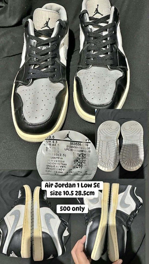 Air Jordan 1 Low SE Size 10.5 (Category: Sneakers) located in Manila. Submitted by kiyanna.preloved (Listing ID 1468007194, Image 1). Description: - Brand: Nike Air Jordan 1 Low SE - Colorway: Black, White, Grey - Size: 10.5 US / 9.5 UK / 44.5 EUR - Style Code: 553558-039 - Condition Notes: Natural midsole yellowing from storage, minor dirt on soles, and normal creasing on uppers from wear - Authenticity: Original tag and QR code intact on tongue