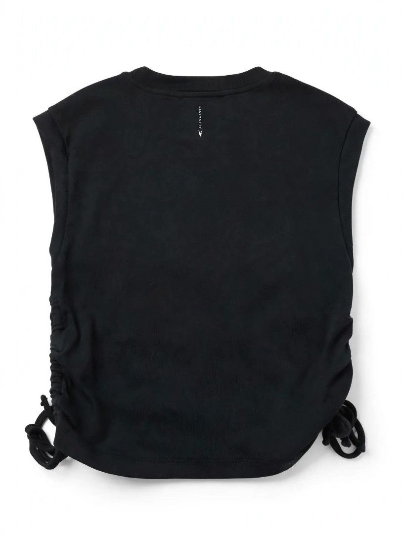 AllSaints Black Sleeveless Top with Side Ruched Drawstrings (Category: Sleeveless) located in Cainta. Submitted by mariss.luxx (Listing ID 1467899173, Image 2). Description: - Brand: AllSaints - Color: Black - Style: Sleeveless top with crew neck - Details: Adjustable ruched drawstrings on both sides with hanging ties, small brand logo on back collar - Origin: Made in Turkey - Condition: Excellent, clean fabric with no stains or damage.