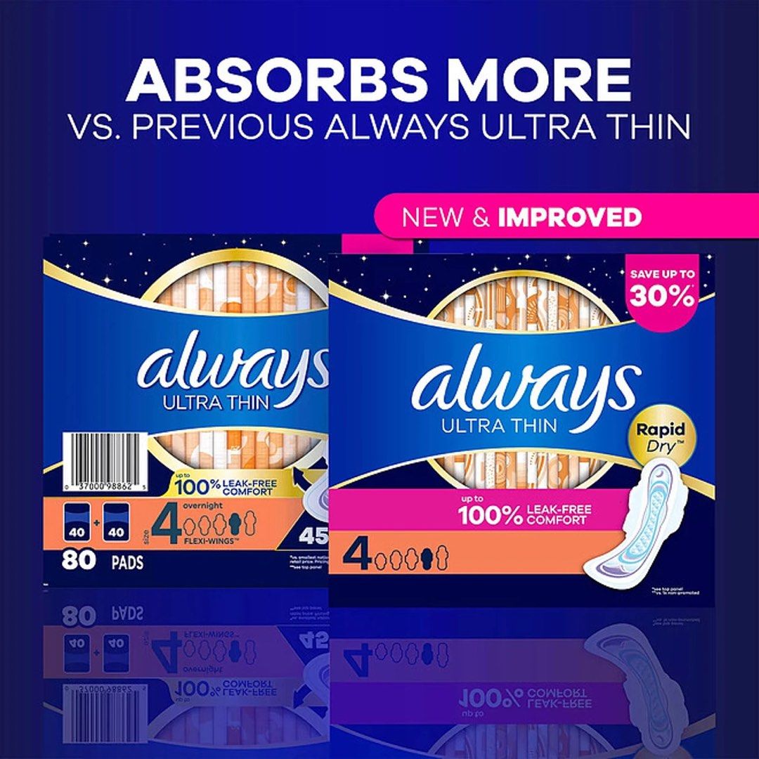Always Ultra Thin Overnight Pads Rapid Dry (Category: Sanitary Hygiene) located in Quezon City. Submitted by theluxurycityph. (Listing ID 1467872620, Image 2). Description: Always Ultra Thin Overnight Pads Size 4 Rapid Dry 80 Pads Leak-Free Comfort.