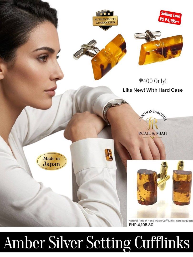 Amber Silver Setting Cufflinks ✨ (Category: Cuff Links) located in Mandaluyong City. Submitted by luxprelovedbagsparadise (Listing ID 1467938010, Image 3). Description: Your sleeves deserve a promotion too. 😉✨ From "just dressed" to "best dressed" in seconds. 🔥 Authentic Amber Silver Setting Cufflinks 🇯🇵 Made in Japan 💼 Like New + Hard Case 💰 Only ₱400 (Originally sells for ₱4,195+) Looking expensive doesn't have to be expensive. ✅ To order