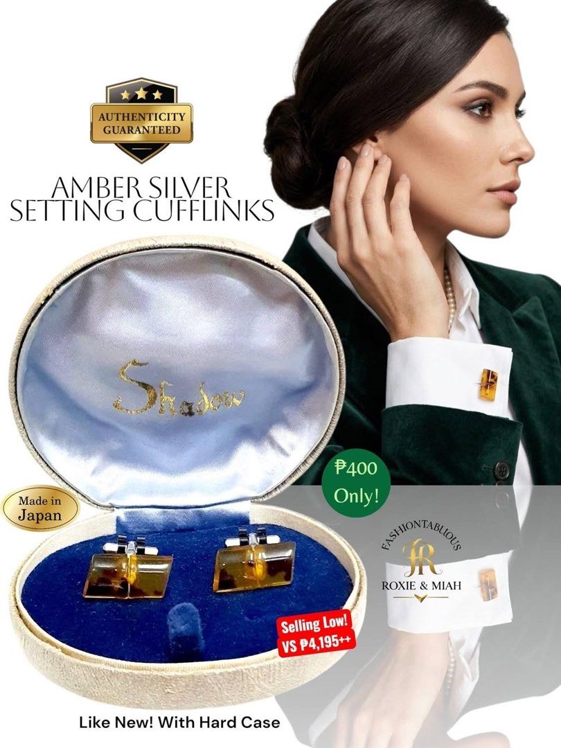 Amber Silver Setting Cufflinks ✨ (Category: Cuff Links) located in Mandaluyong City. Submitted by luxprelovedbagsparadise (Listing ID 1467938010, Image 2). Description: Your sleeves deserve a promotion too. 😉✨ From "just dressed" to "best dressed" in seconds. 🔥 Authentic Amber Silver Setting Cufflinks 🇯🇵 Made in Japan 💼 Like New + Hard Case 💰 Only ₱400 (Originally sells for ₱4,195+) Looking expensive doesn't have to be expensive. ✅ To order