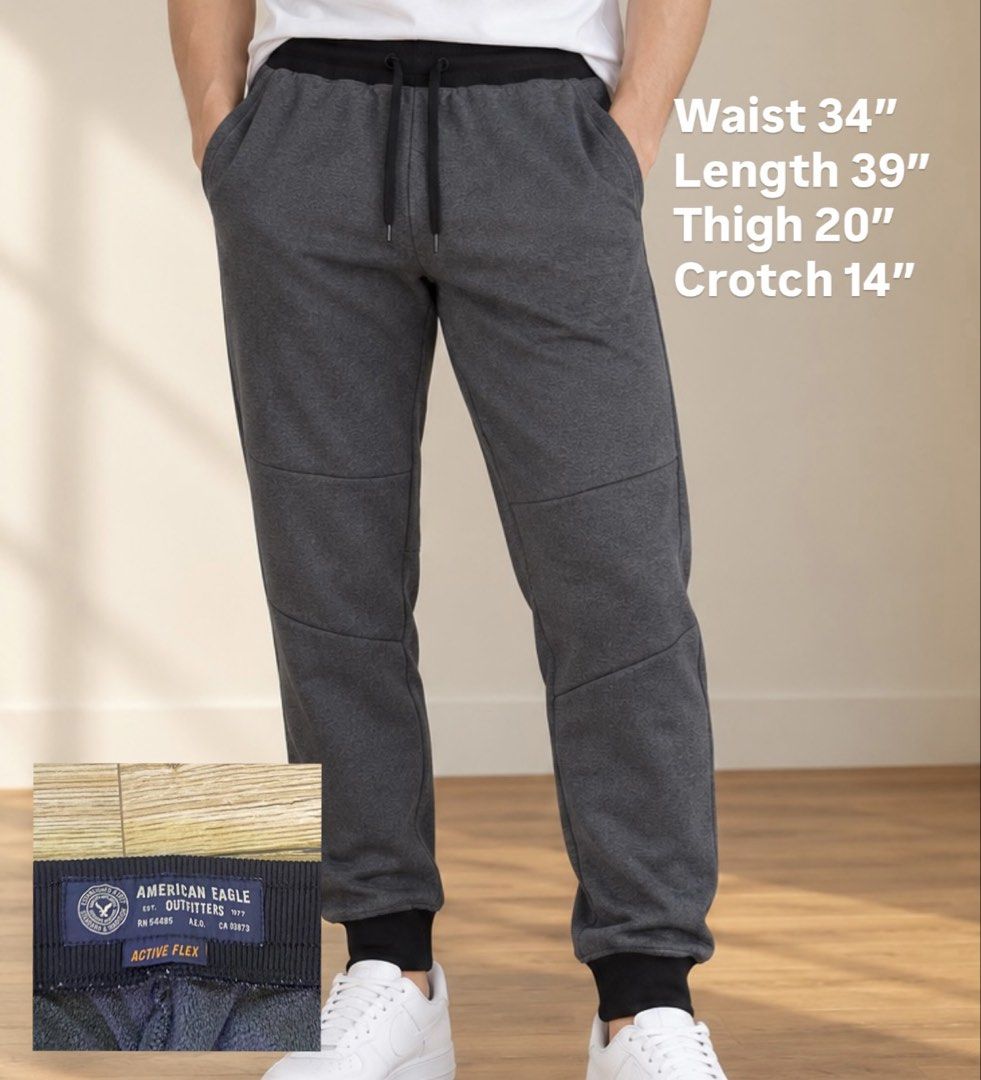 American Eagle Outfitters Active Flex Joggers Grey (Category: Joggers) located in Baguio. Submitted by dreshop (Listing ID 1467847203, Image 1). Description: - Brand: American Eagle Outfitters - Color: Dark Grey - Material: Super comfortable Active Flex - Features: Black elastic waistband, adjustable drawstrings, and ribbed ankle cuffs - Measurements: Waist 34" | Length 39" | Thigh 20" | Crotch 14" - Condition: Great casual staple piece, perfect 