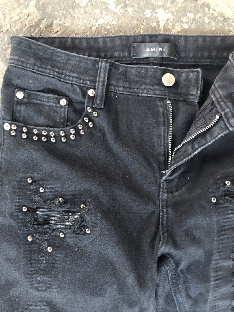 AMIRI STUDDED DISTRESS BIKER JEANS (Category: Jeans) located in Paranaque City. Submitted by lesstash001 (Listing ID 1467978185, Image 3). Description: AMIRI STUDDED DISTRESS JEANS SIZE 32 WAIST 40 LENGTH 30 INSEAM 6 LEG OPENING IN VERYGOOD CONDITION PARAÑAQUE LOC.