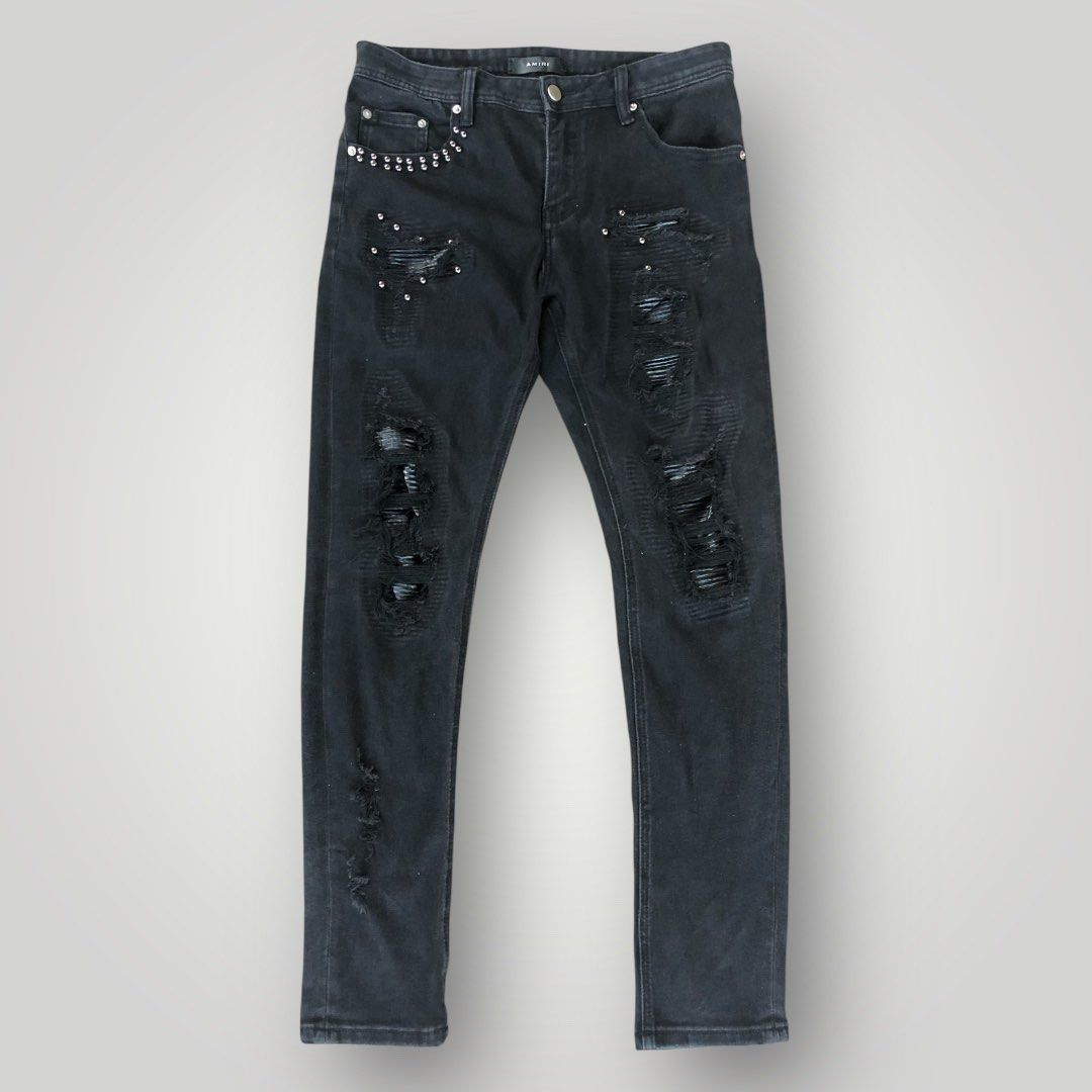 AMIRI STUDDED DISTRESS BIKER JEANS (Category: Jeans) located in Paranaque City. Submitted by lesstash001 (Listing ID 1467978185, Image 1). Description: AMIRI STUDDED DISTRESS JEANS SIZE 32 WAIST 40 LENGTH 30 INSEAM 6 LEG OPENING IN VERYGOOD CONDITION PARAÑAQUE LOC.