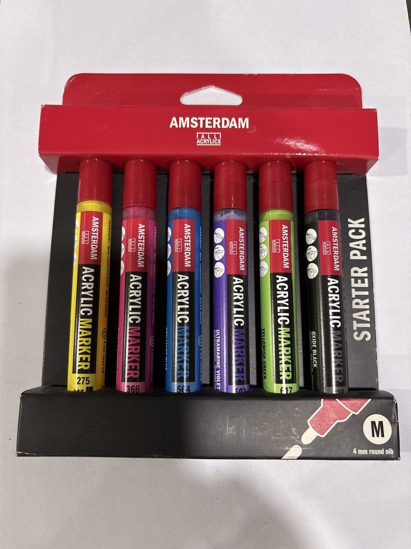Amsterdam Acrylic Marker Starter Pack M 4mm Round Nib (Category: Craft Supplies & Tools) located in Mandaluyong City. Submitted by clothescarousel (Listing ID 1468028514, Image 1). Description: Amsterdam acrylic marker starter pack. Set of six pens with 4mm round nibs. Includes primary and essential colors like yellow, pink, blue, violet, green, and oxide black. Water-based paint works on canvas, wood, paper, glass, metal, terracotta, and plastic