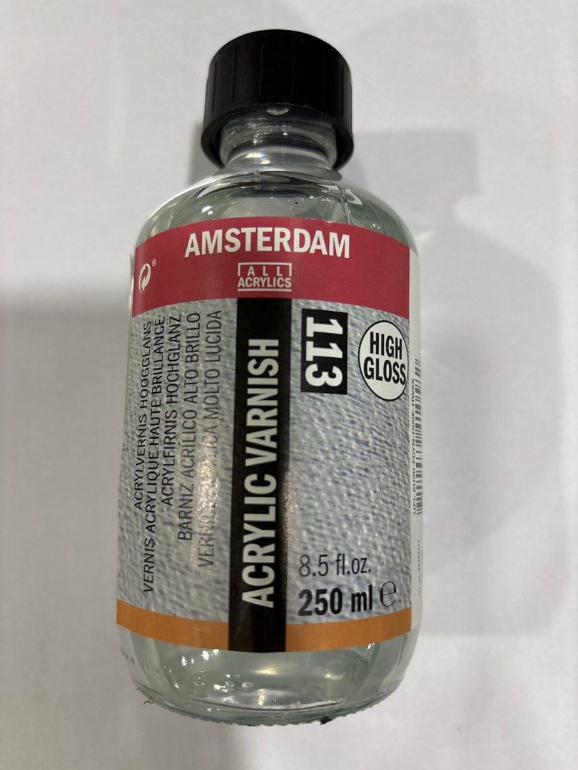 Amsterdam Acrylic Varnish 113 High Gloss 250ml (Category: Craft Supplies & Tools) located in Mandaluyong City. Submitted by clothescarousel (Listing ID 1468026968, Image 2). Description: - Product: Amsterdam Acrylic Varnish - Finish: 113 High Gloss - Volume: 8.5 fl. oz. / 250 ml - Condition: Brand new, unopened, liquid level near top - Packaging: Glass bottle with black screw cap - Purpose: Protects acrylic paintings and provides a durable, shiny