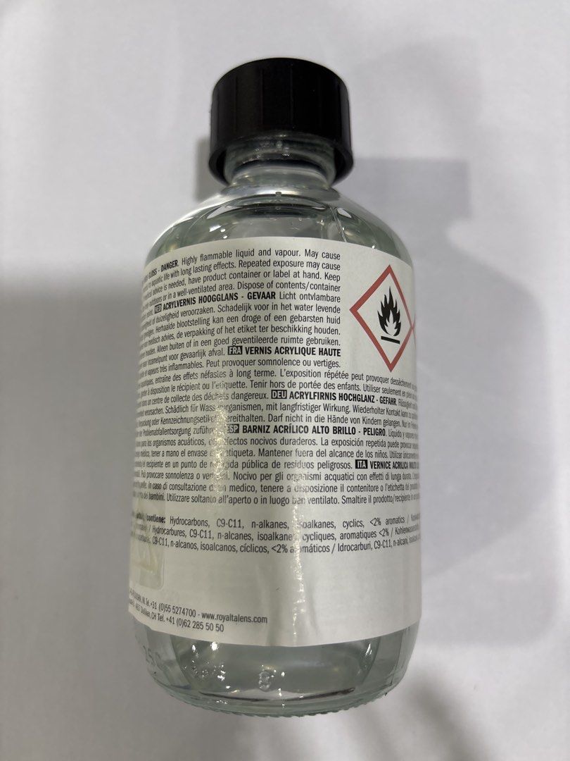 Amsterdam Acrylic Varnish 113 High Gloss 250ml (Category: Craft Supplies & Tools) located in Mandaluyong City. Submitted by clothescarousel (Listing ID 1468026968, Image 3). Description: - Product: Amsterdam Acrylic Varnish - Finish: 113 High Gloss - Volume: 8.5 fl. oz. / 250 ml - Condition: Brand new, unopened, liquid level near top - Packaging: Glass bottle with black screw cap - Purpose: Protects acrylic paintings and provides a durable, shiny