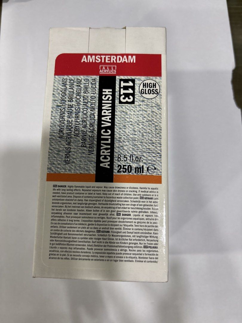 Amsterdam Acrylic Varnish 113 High Gloss 250ml (Category: Craft Supplies & Tools) located in Mandaluyong City. Submitted by clothescarousel (Listing ID 1468026968, Image 1). Description: - Product: Amsterdam Acrylic Varnish - Finish: 113 High Gloss - Volume: 8.5 fl. oz. / 250 ml - Condition: Brand new, unopened, liquid level near top - Packaging: Glass bottle with black screw cap - Purpose: Protects acrylic paintings and provides a durable, shiny