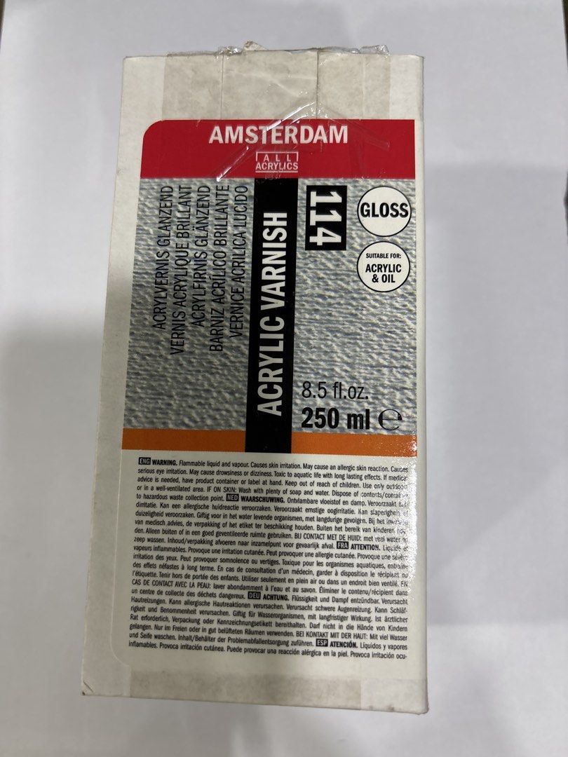 Amsterdam Acrylic Varnish Gloss 250ml 114 (Category: Craft Supplies & Tools) located in Mandaluyong City. Submitted by clothescarousel (Listing ID 1468027323, Image 1). Description: - Product: Amsterdam Acrylic Varnish (Gloss Finish) - Size: 250 ml / 8.5 fl. oz glass bottle - Compatibility: Ideal for both acrylic and oil paintings - Art Number: 24308114 - Condition: Factory sealed with safety label and hazard symbols intact.
