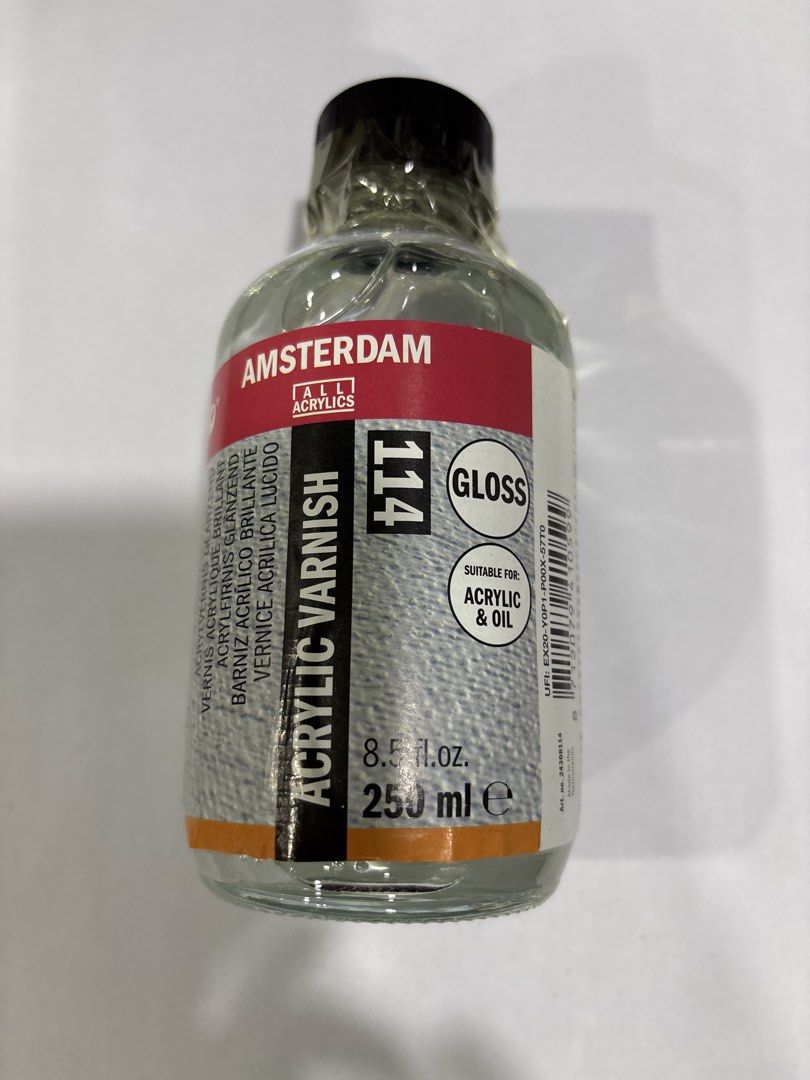 Amsterdam Acrylic Varnish Gloss 250ml 114 (Category: Craft Supplies & Tools) located in Mandaluyong City. Submitted by clothescarousel (Listing ID 1468027323, Image 2). Description: - Product: Amsterdam Acrylic Varnish (Gloss Finish) - Size: 250 ml / 8.5 fl. oz glass bottle - Compatibility: Ideal for both acrylic and oil paintings - Art Number: 24308114 - Condition: Factory sealed with safety label and hazard symbols intact.
