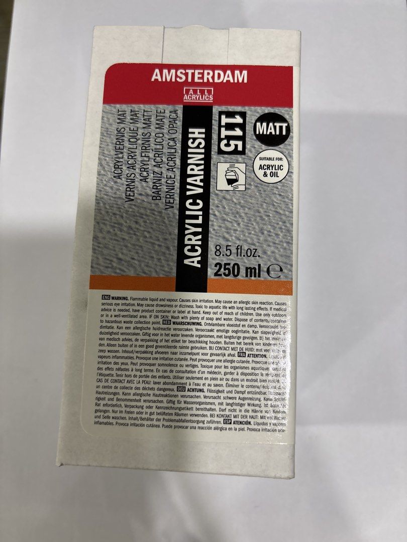 Amsterdam Acrylic Varnish Matt 250ml (Category: Craft Supplies & Tools) located in Mandaluyong City. Submitted by clothescarousel (Listing ID 1468027683, Image 1). Description: Amsterdam acrylic varnish, 250ml bottle. Matt finish, shade 115. Suitable for acrylic and oil paints. Glass bottle with black screw cap, completely full. Great for sealing and protecting paintings with a non-reflective look. Standard art supplies bottle size, easy to apply
