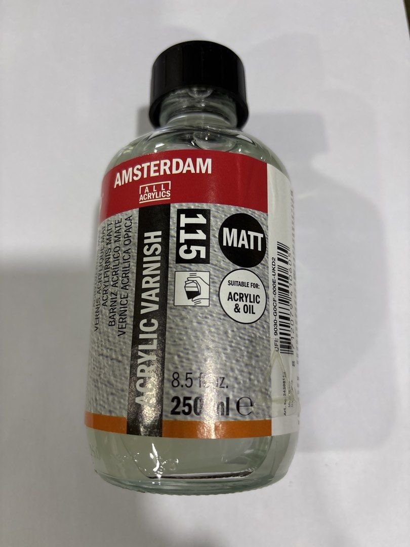 Amsterdam Acrylic Varnish Matt 250ml (Category: Craft Supplies & Tools) located in Mandaluyong City. Submitted by clothescarousel (Listing ID 1468027683, Image 2). Description: Amsterdam acrylic varnish, 250ml bottle. Matt finish, shade 115. Suitable for acrylic and oil paints. Glass bottle with black screw cap, completely full. Great for sealing and protecting paintings with a non-reflective look. Standard art supplies bottle size, easy to apply