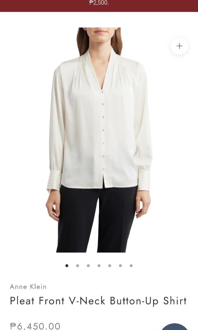 Anne klein Pleaded front v-neck button up shirt (Category: Longsleeves) located in Cavite. Submitted by oncetop_declutter (Listing ID 1467975323, Image 2). Description: brandnew without hangtag best fit to 2x-3x wringkled due to storage.