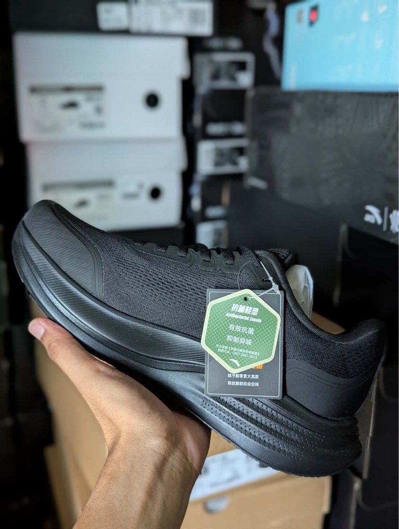 Anta PG7 Black Running Shoes (Category: Sneakers) located in Manila. Submitted by lizy_dms (Listing ID 1467930504, Image 2). Description: - Brand: Anta PG7 Running Shoes - Colorway: All-Black - Condition: Brand new, never worn, clean overall - Upper: Breathable mesh with synthetic overlays - Sole: Cushioned midsole and durable outsole grip - Special Feature: Antibacterial insole tag still attached.