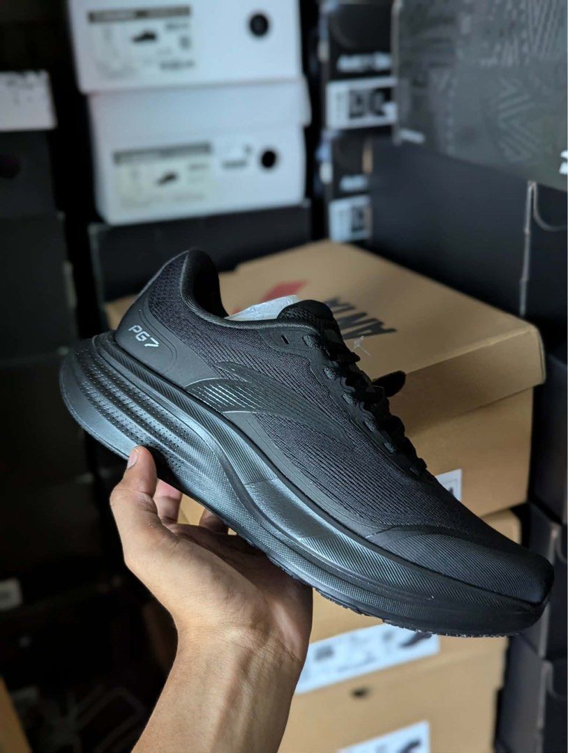 Anta PG7 Black Running Shoes (Category: Sneakers) located in Manila. Submitted by lizy_dms (Listing ID 1467930504, Image 1). Description: - Brand: Anta PG7 Running Shoes - Colorway: All-Black - Condition: Brand new, never worn, clean overall - Upper: Breathable mesh with synthetic overlays - Sole: Cushioned midsole and durable outsole grip - Special Feature: Antibacterial insole tag still attached.
