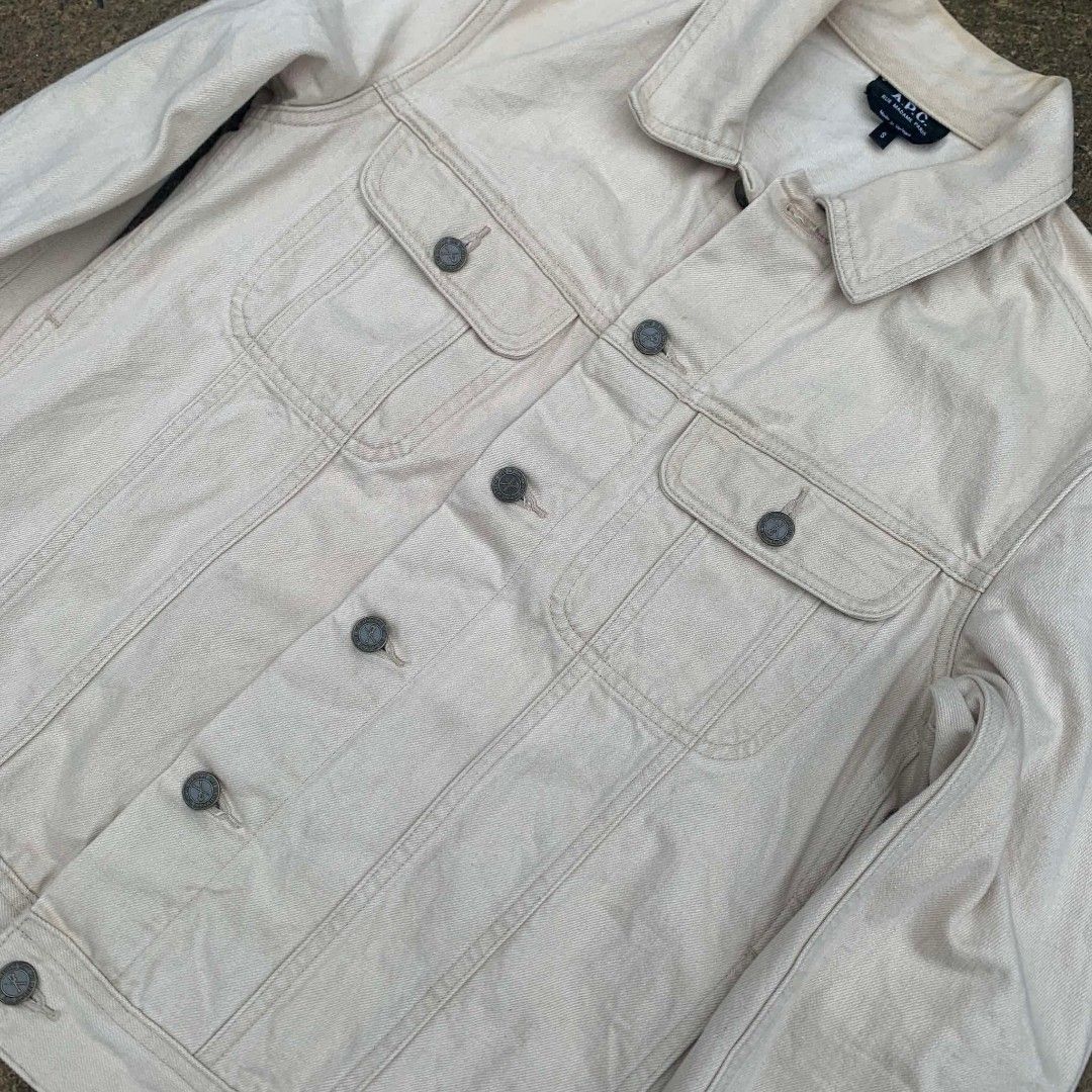 A.P.C. (Category: Coats, Jackets and Outerwear) located in Cagayan de Oro. Submitted by mysticdolphin.62c23a (Listing ID 1467965715, Image 3). Description: A.P.C. DENIM JACKET DIRTY WHITE 🍦 EXCELLENT SIZE MED SMALL ON TAG 9.5COLORATE NO ISSUE.