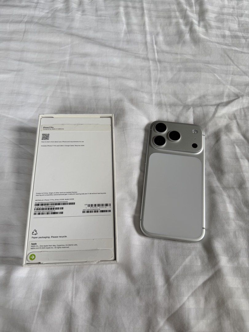 Apple iPhone 17 Pro 512GB Silver (Category: iPhone 17 Series) located in Makati City. Submitted by inezlebron (Listing ID 1467904307, Image 1). Description: Apple iPhone 17 Pro in silver with 512GB storage capacity. Unlocked model, works with any carrier. Battery maximum capacity stands at 98 percent with 258 cycle counts. Original box and USB-C charge cable included in the package. There is a small gasgas on bottom left corner. Comes with temper
