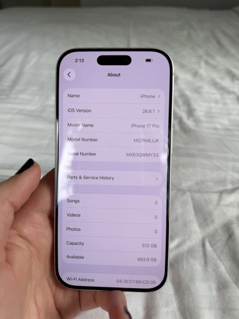 Apple iPhone 17 Pro 512GB Silver (Category: iPhone 17 Series) located in Makati City. Submitted by inezlebron (Listing ID 1467904307, Image 3). Description: Apple iPhone 17 Pro in silver with 512GB storage capacity. Unlocked model, works with any carrier. Battery maximum capacity stands at 98 percent with 258 cycle counts. Original box and USB-C charge cable included in the package. There is a small gasgas on bottom left corner. Comes with temper