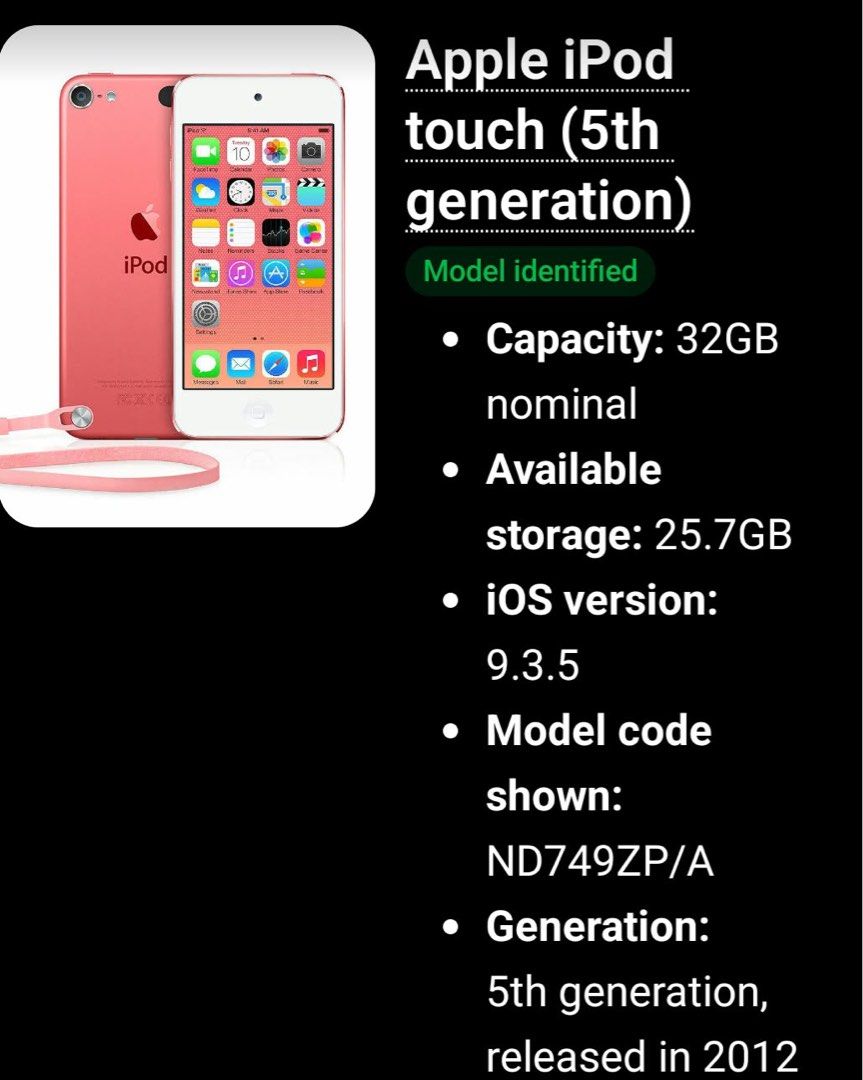 Apple iPod touch 5th Generation (Product Red) 32GB (Category: Portable Music Players) located in Manila. Submitted by mochaclosetph (Listing ID 1467929095, Image 3). Description: - Model: Apple iPod touch 5th Generation (Model: ND749ZP/A) - Color: Eye-catching Product Red aluminum back with loop button - Storage: 32GB total capacity (25.7GB available) - Software: Running iOS 9.3.5 - Perfect as a reliable portable music player or a nice collector'