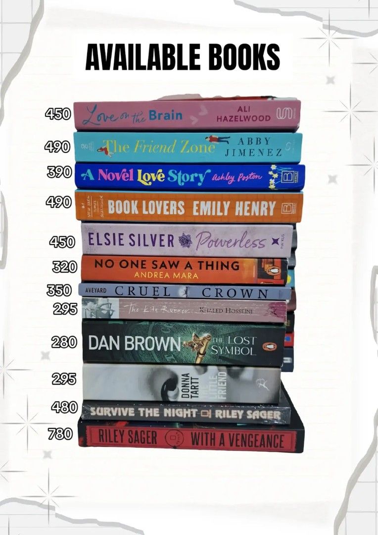 Booktok, Premium Books, Thriller (Category: Storybooks) located in Baguio. Submitted by favebookread (Listing ID 1467863054, Image 1). Description: - Genre: Romance, thrillers, and contemporary fiction - Featured Authors: Ali Hazelwood, Abby Jimenez, Emily Henry, Dan Brown, Donna Tartt, Riley Sager, and more - Price Range: ₱280 to ₱780 per book (individual prices marked in the stack) - Condition: Preloved/Like new (clearance sale) - How to order: