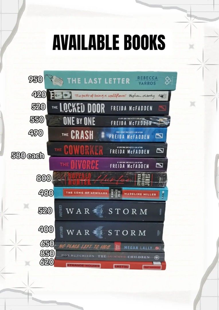 Booktok, Premium Books, Thriller (Category: Storybooks) located in Baguio. Submitted by favebookread (Listing ID 1467863178, Image 1). Description: - Shelf clearance sale: Various bestselling authors including Freida McFadden, Rebecca Yarros, and Stephen Chbosky - Price range: ₱400 to ₱950 per book (individual prices as marked) - How to order: Send a message to check specific title availability and pricing.